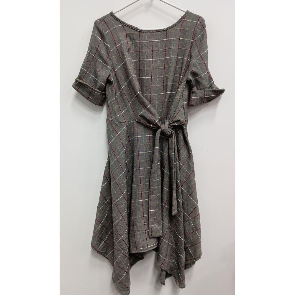 Anthropologie Eva Franco Plaid Tie Front Dress Womens 10 Gray Asymmetrical Hem